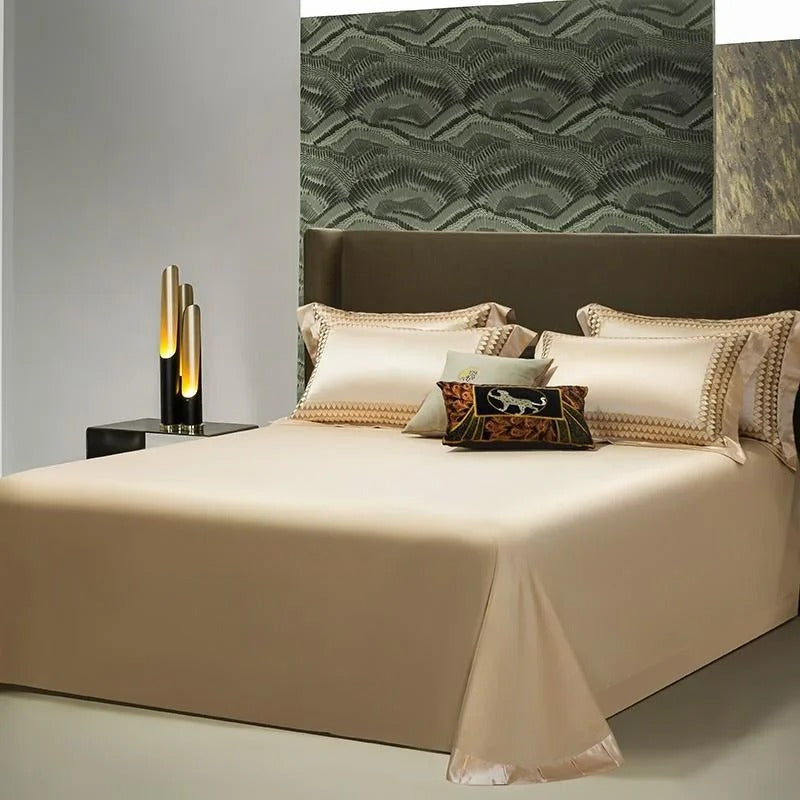 Champagne Gold Satin Embroidery Bedding Set with Duvet Cover - 1200TC