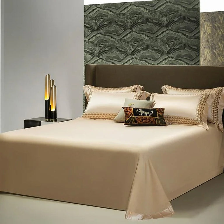 Champagne Gold Satin Embroidery Bedding Set with Duvet Cover - 1200TC
