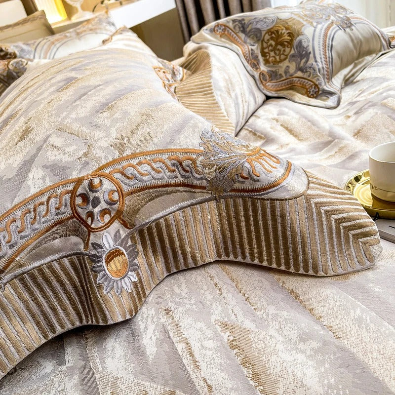 Cream and Gold Jacquard Bedding Set with an Embroidered Border - 1500TC