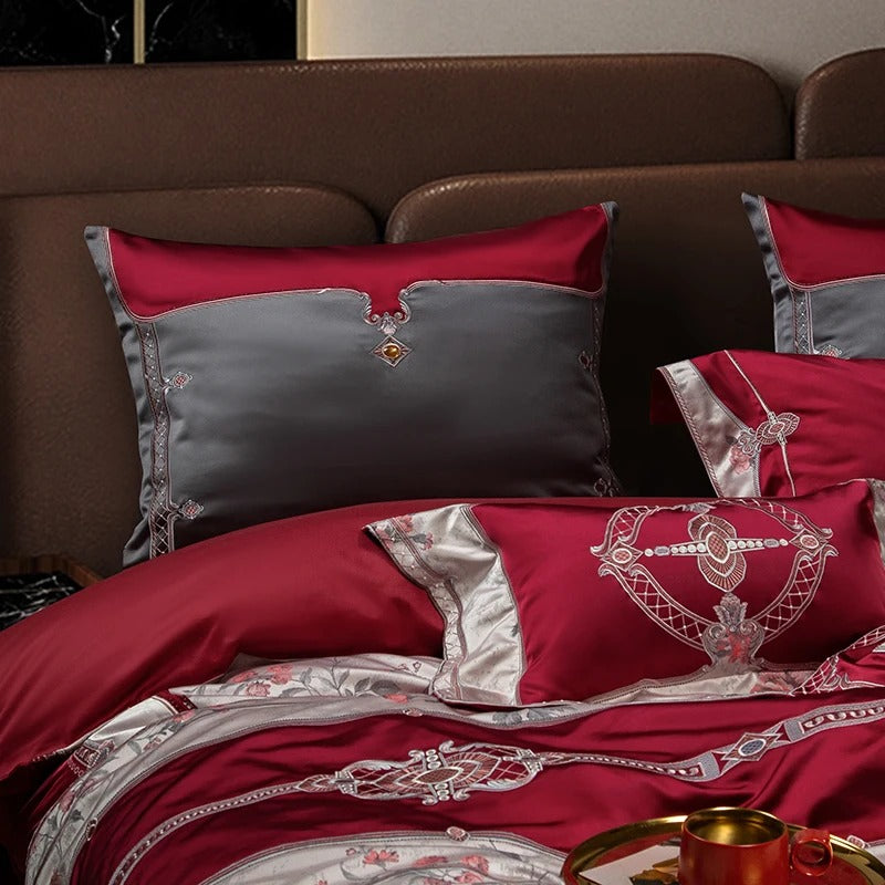 Rose Satin Floral Embroidered Bedding Set with Duvet Cover - 1500TC