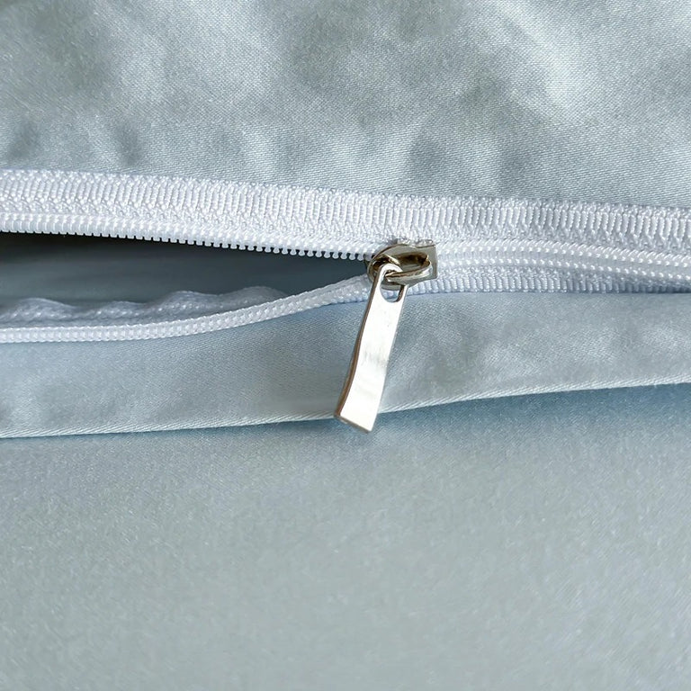 Luxury Blue Satin Bedding Set with Silver Floral Embroidery - 600TC