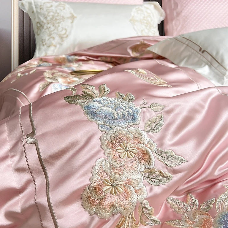 Soft Pink Satin Embroidered Flowers Bedding Set with Duvet Cover - 1500TC