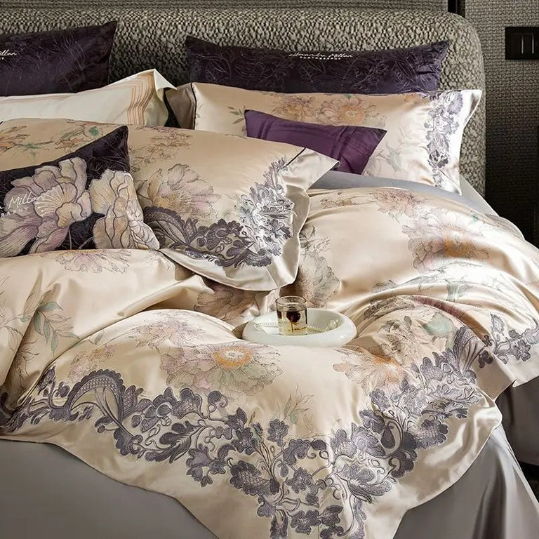 Light Purple Floral Embroidery Egyptian Cotton Bedding Set - 1500TC