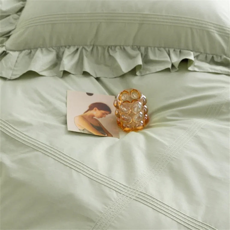 Sage Green Ruffled Edge Egyptian Cotton Bedding Set - 600TC