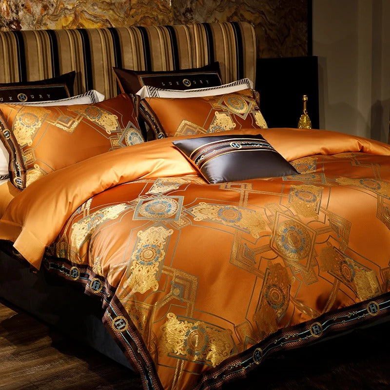 Orange Jacquard Bedding Set with Duvet Cover - 1000TC Egyptian Cotton