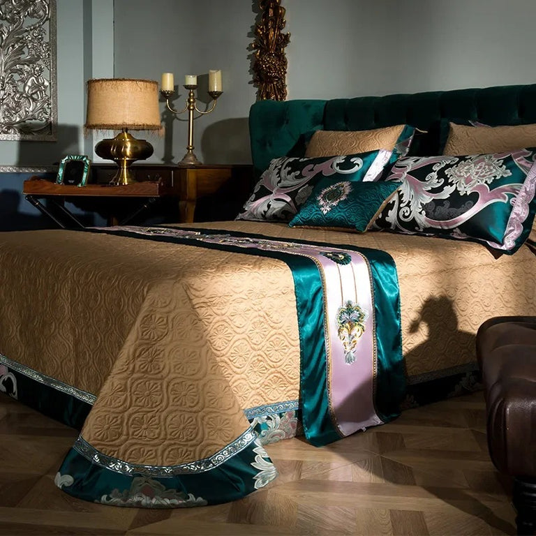 Teal Satin Bedding Set with Embroidered Pink Floral Motifs - 1200TC