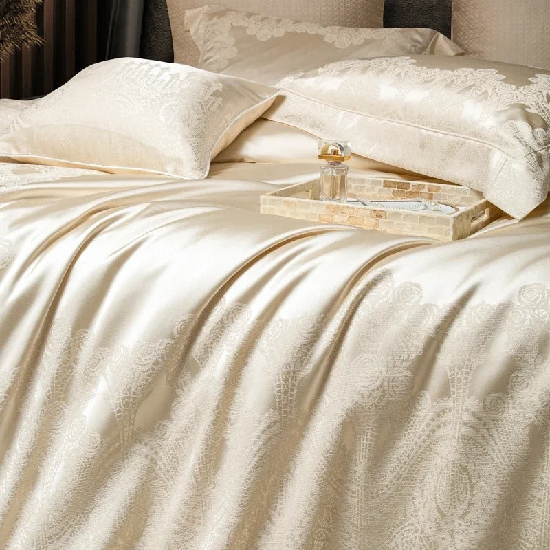 Ivory Pearl Jacquard Bedding Set with Floral Embroidered - 1500TC