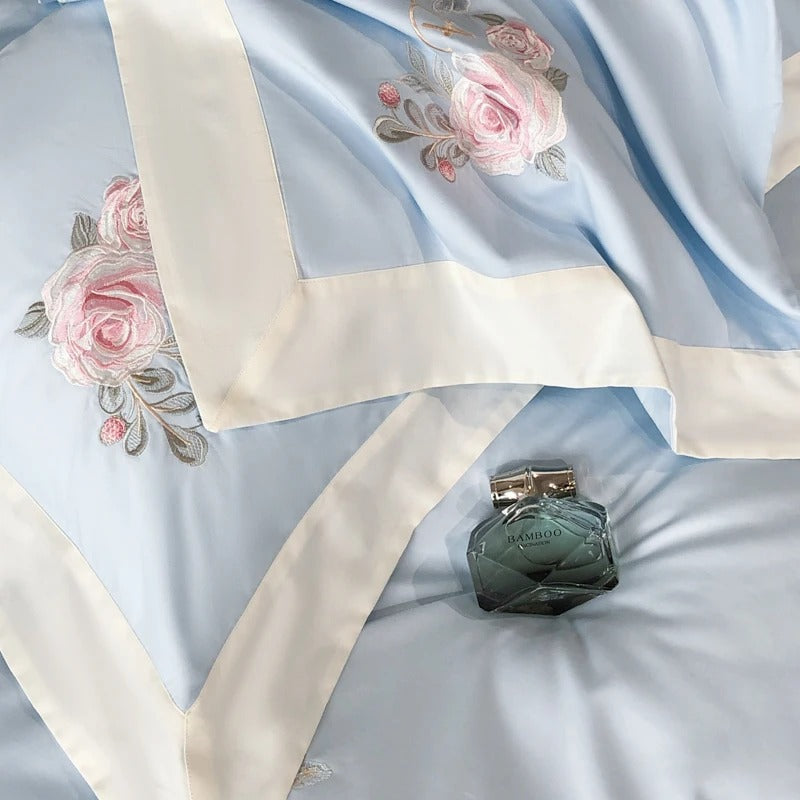 Pastel Blue Floral Embroidery Cotton Bedding Set with Duvet Cover - 900TC