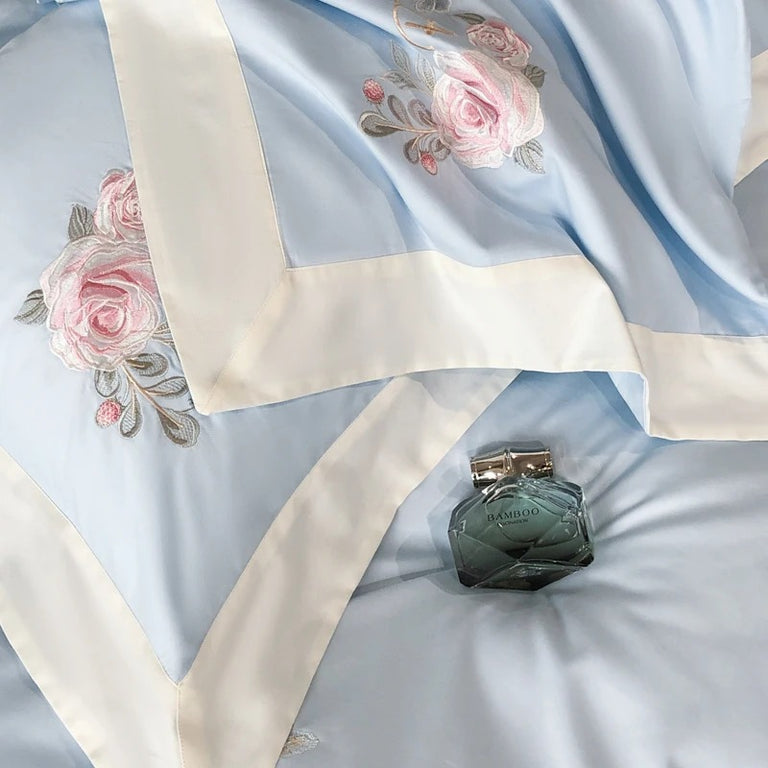 Pastel Blue Floral Embroidery Cotton Bedding Set with Duvet Cover - 900TC