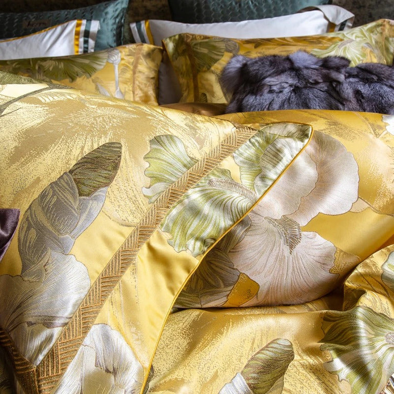 Yellow Floral Satin Jacquard Bedding Set with Duvet Cover - 1000TC