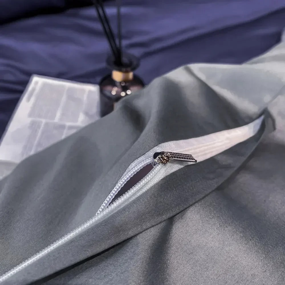 Navy Blue Silky Satin Bedding Set with Elegant Piping - 600TC