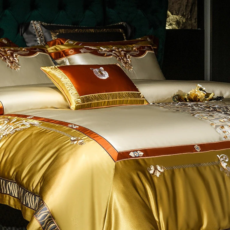 Royal Gold and White Satin Bedding with Modern Embroidery - 1000TC