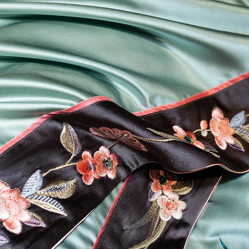 Elegant Green Floral Satin Embroidery Bedding Set - 1000TC