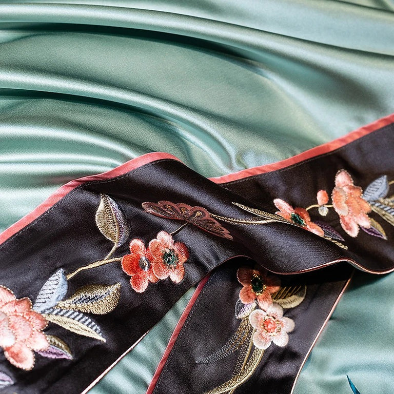 Elegant Green Floral Satin Embroidery Bedding Set - 1000TC