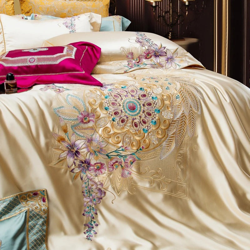 Royal Floral Embroidered Egyptian Cotton Bedding Set with Duvet Cover -1500TC