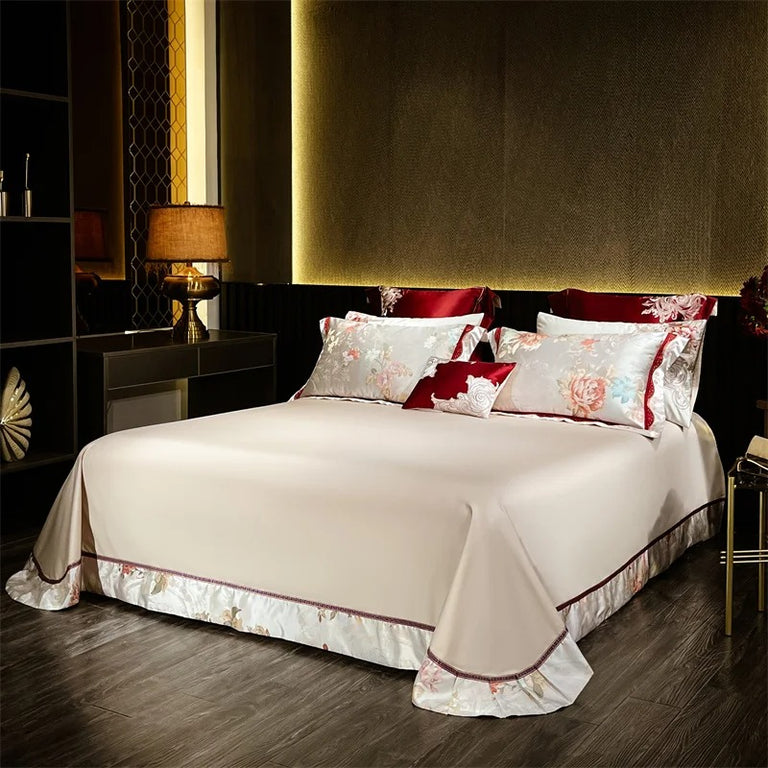 Beautiful Red Embroidered Floral Satin Bedding Set with Duvet Cover - 1200TC