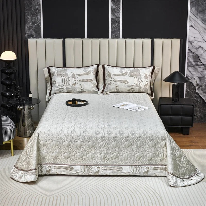 Ivory and Brown Geometric Border Bedding Set with Duvet Cover - 1000TC