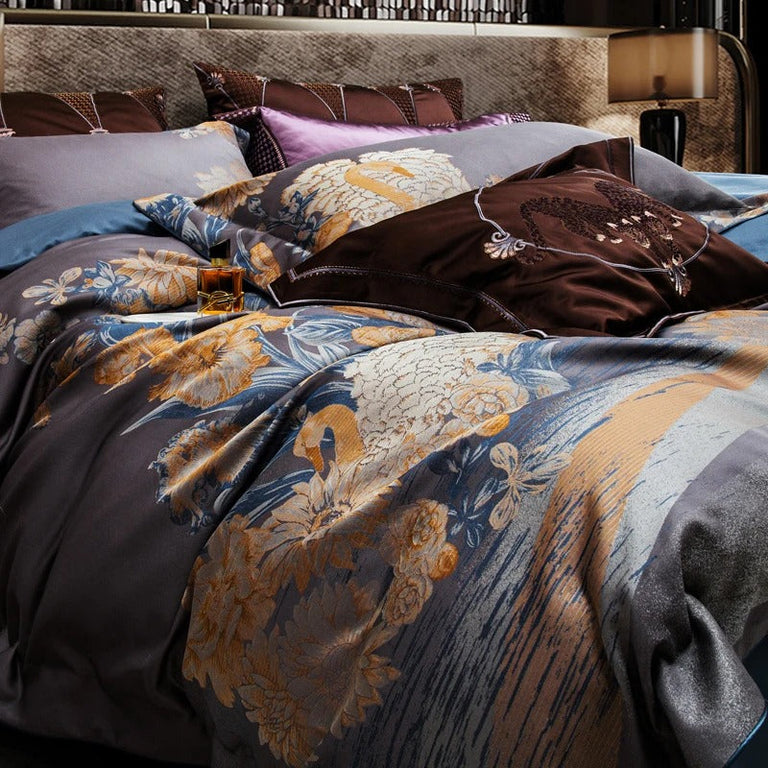 Cotton and Silk Jacquard Bedding Set with Floral Embroidery - 1500TC