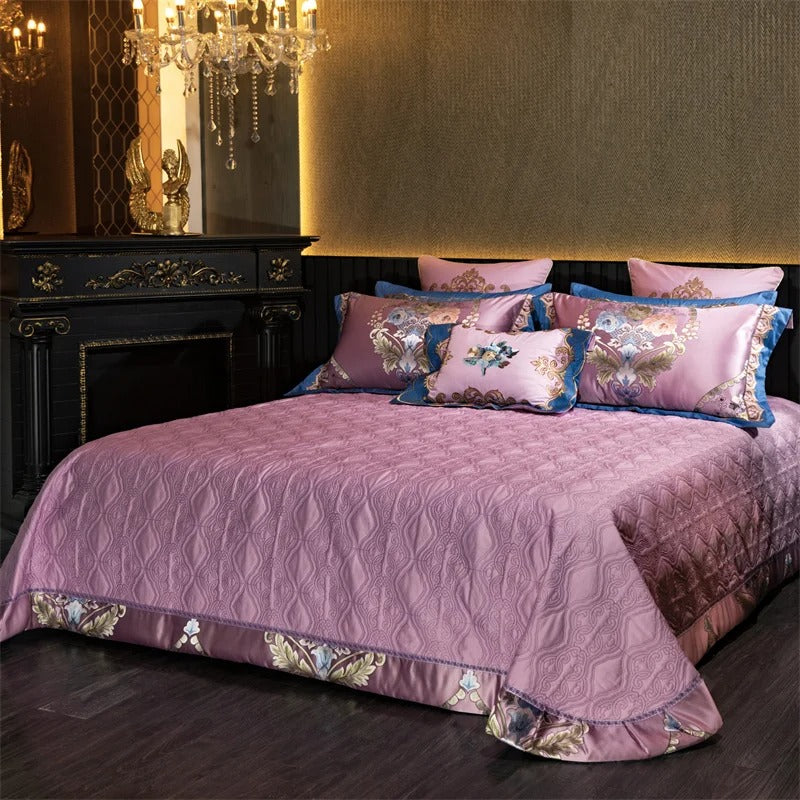 Royal Pink Floral Embroidery Bedding Set with Duvet Cover - 1000TC