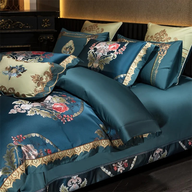 Teal Blue Barooq Floral Embroidered Bedding Set with Duvet Cover - 1000TC