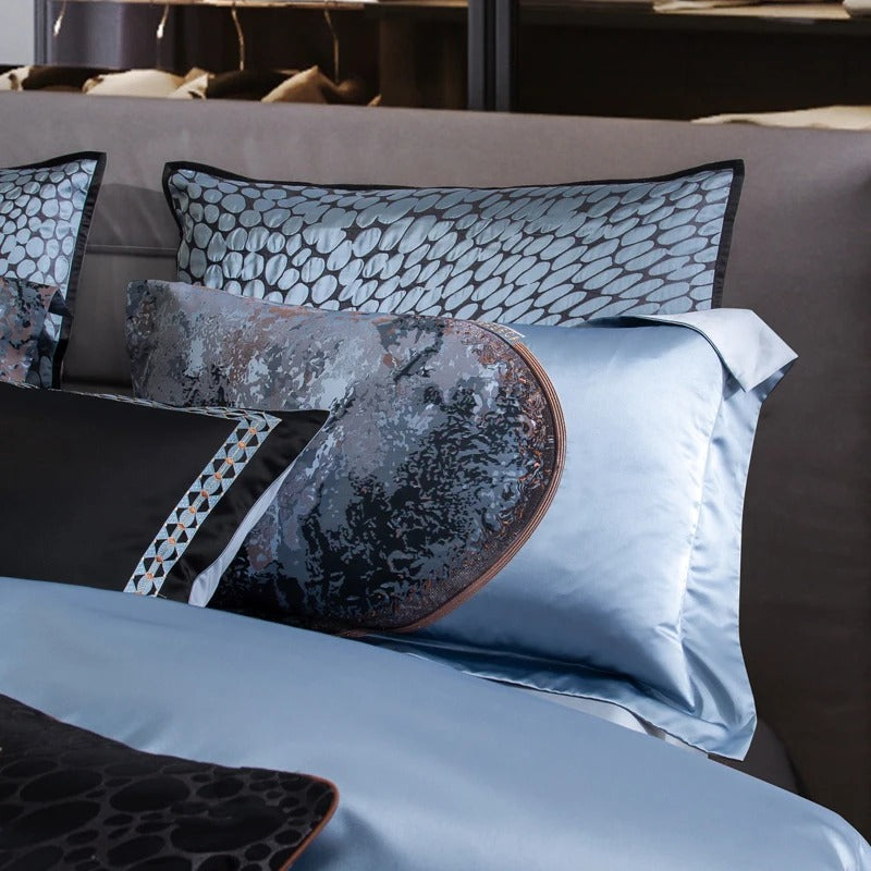 Blue and Copper Satin Embroidery Bedding Set with Duvet Cover - 1500TC