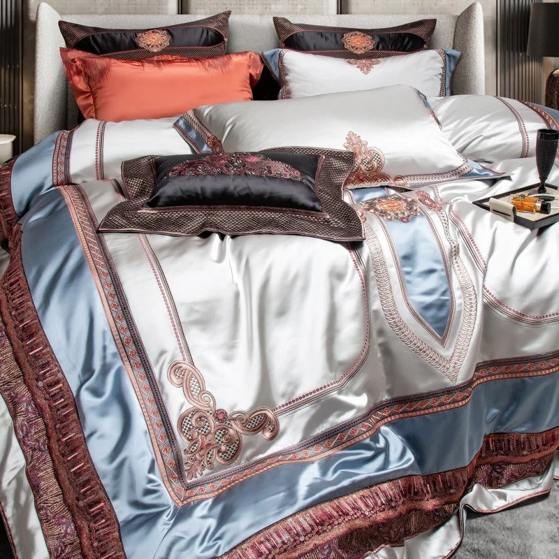 Richly Embroidered Satin Bedding Set With Duvet Cover - 1500TC