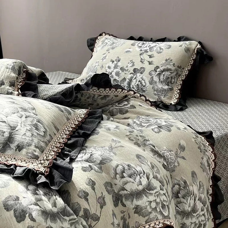 Gothic Floral Gauze Cotton Bedding Set with Duvet Cover - 1000TC