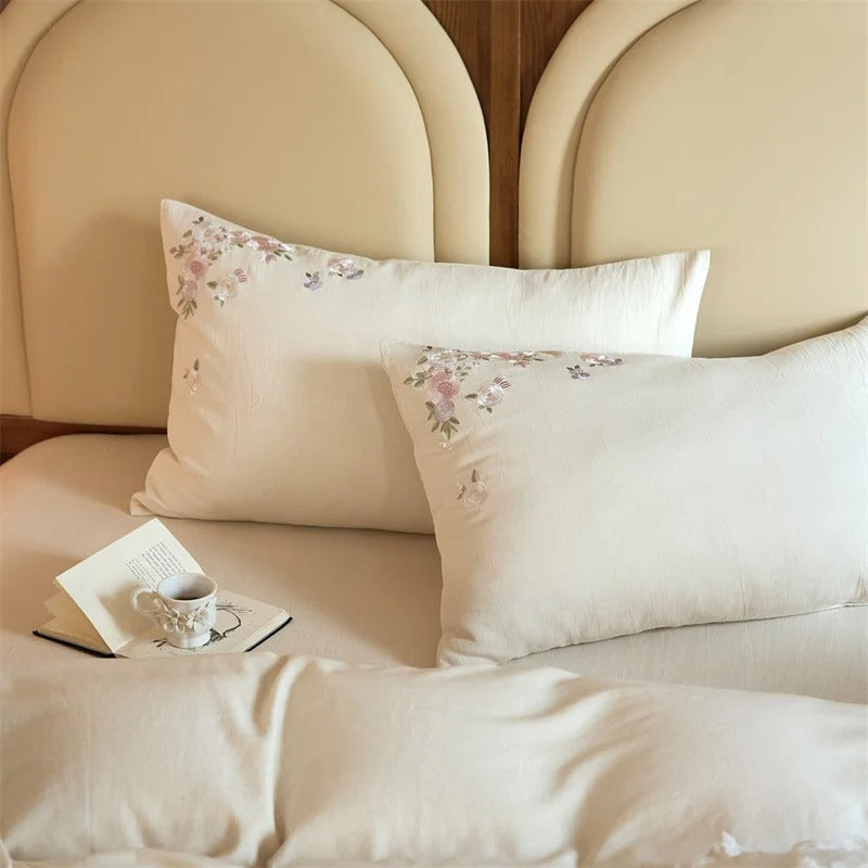 Flowers Embroidery Cotton Bedding Set with Duvet Cover - 600TC