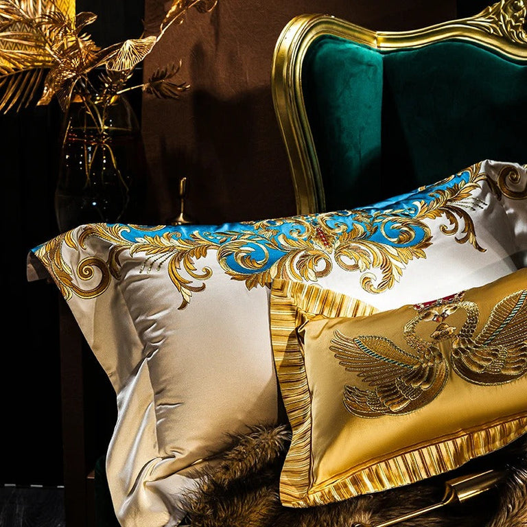 Royal Blue & Gold Bedding Set with Modern Embroidered - 1000TC