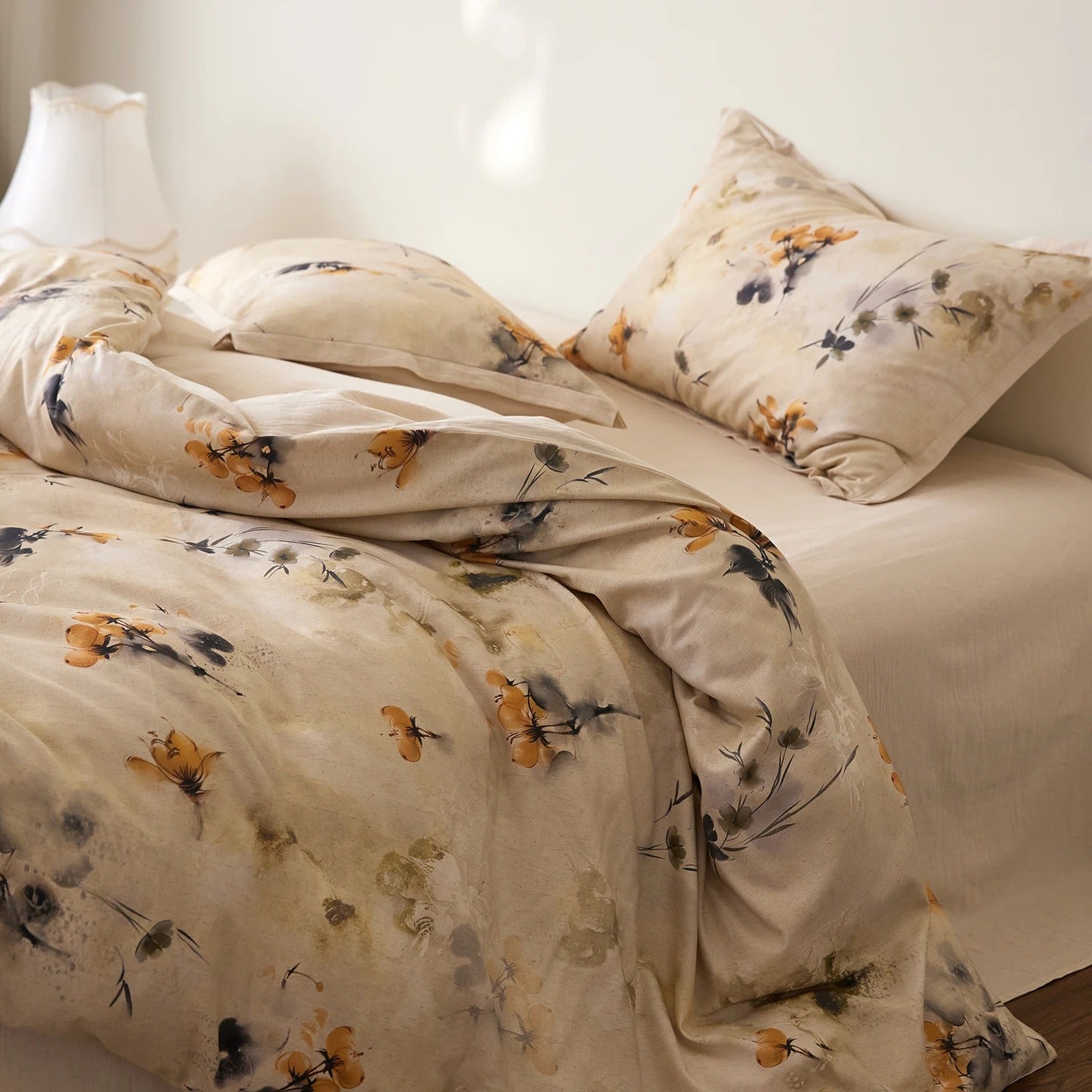 Soft Beige Floral Egyptian Cotton Bedding Set with Duvet Cover - 800TC