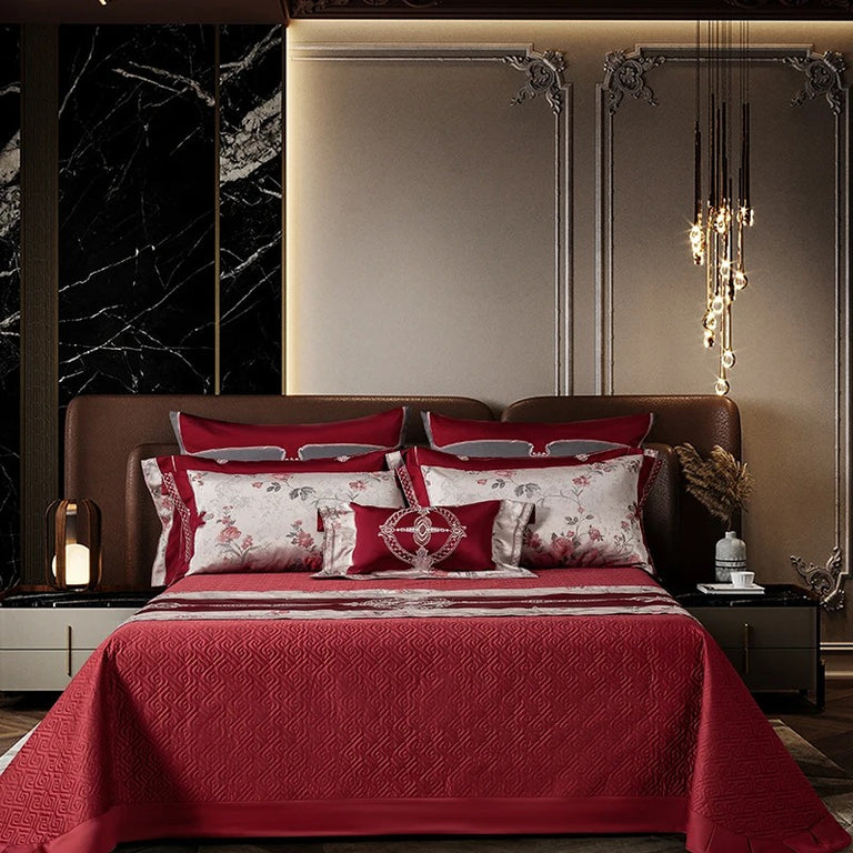 Rose Satin Floral Embroidered Bedding Set with Duvet Cover - 1500TC