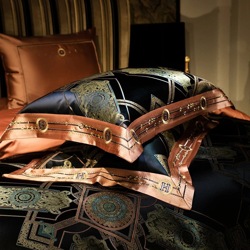 Rich Geometric Design Black and Gold Satin Bedding Set - 1000TC