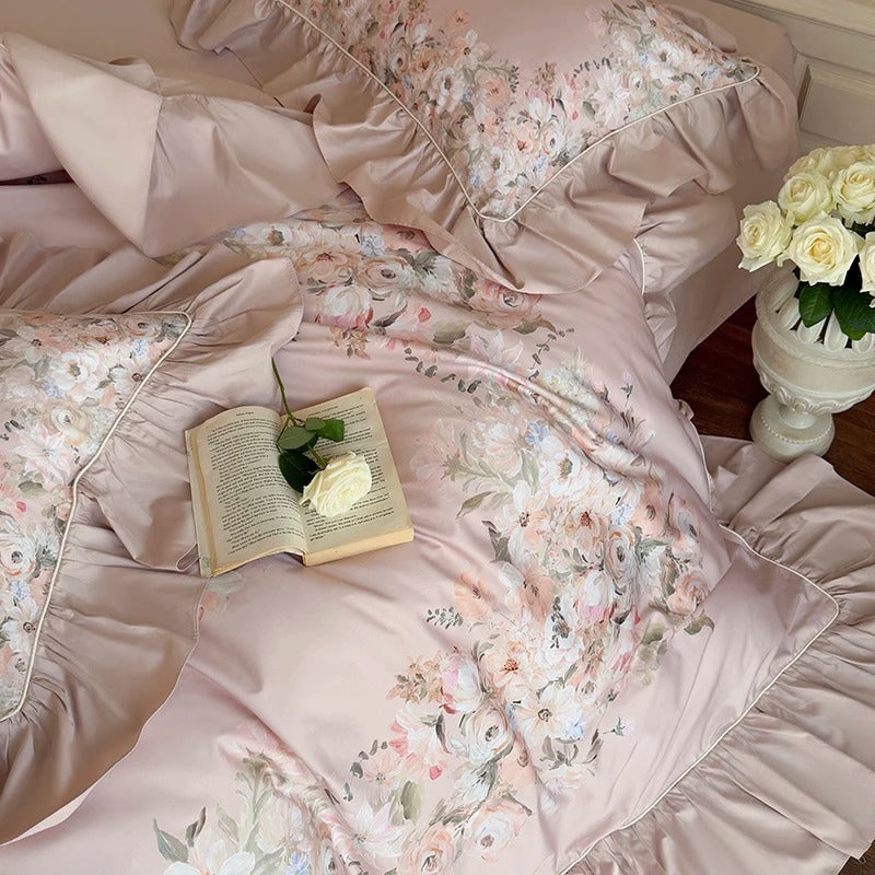 Egyptian Cotton Floral Satin Bed Sheet Set with Duvet Cover- 1000TC