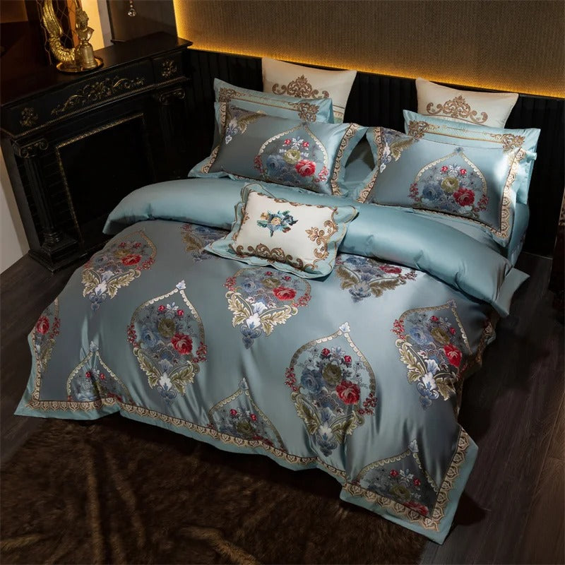 Aqua Blue Baroque Floarl Medallion Embroidered Bedding Set with Duvet Cover - 1000TC