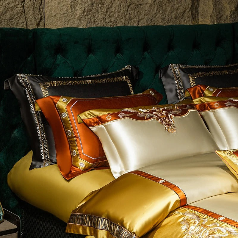 Royal Gold and White Satin Bedding with Modern Embroidery - 1000TC