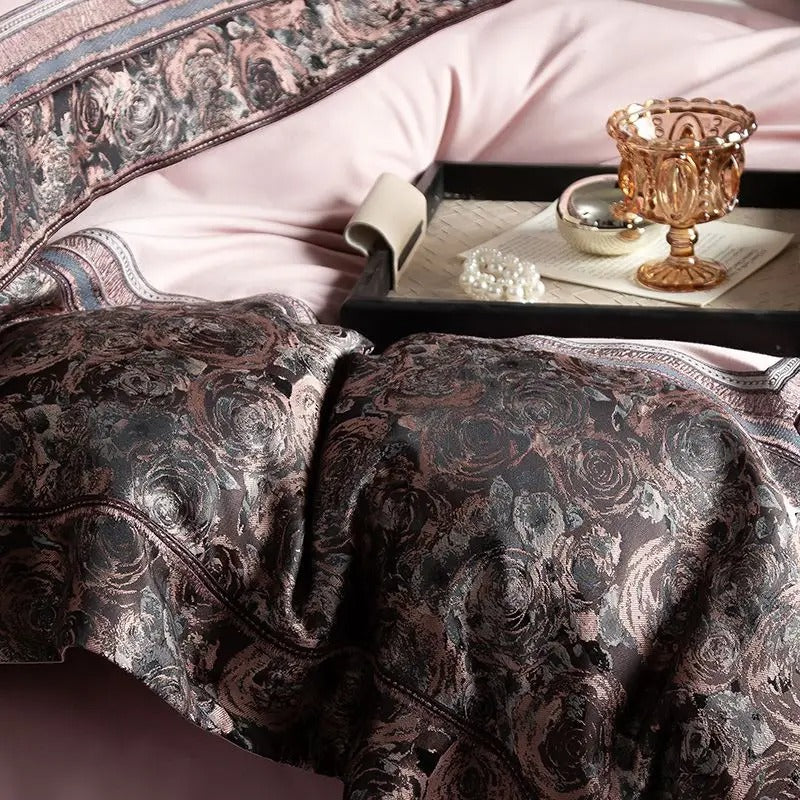 Royal Blush & Coffee Brown Jacquard Embroidered Bed Set – 1500TC