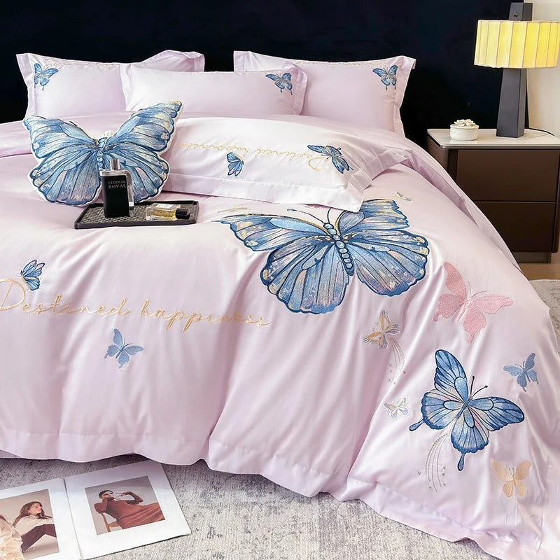 Butterfly Embroidery Egyptian Cotton Bedding Set with Duvet Cover - 900TC