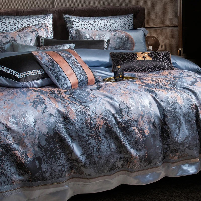 Blue and Copper Satin Embroidery Bedding Set with Duvet Cover - 1500TC