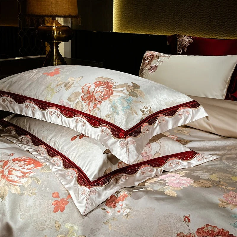 Beautiful Red Embroidered Floral Satin Bedding Set with Duvet Cover - 1200TC