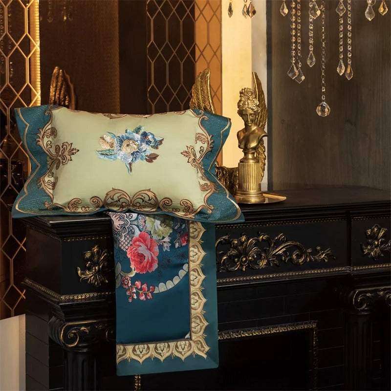 Teal Blue Barooq Floral Embroidered Bedding Set with Duvet Cover - 1000TC