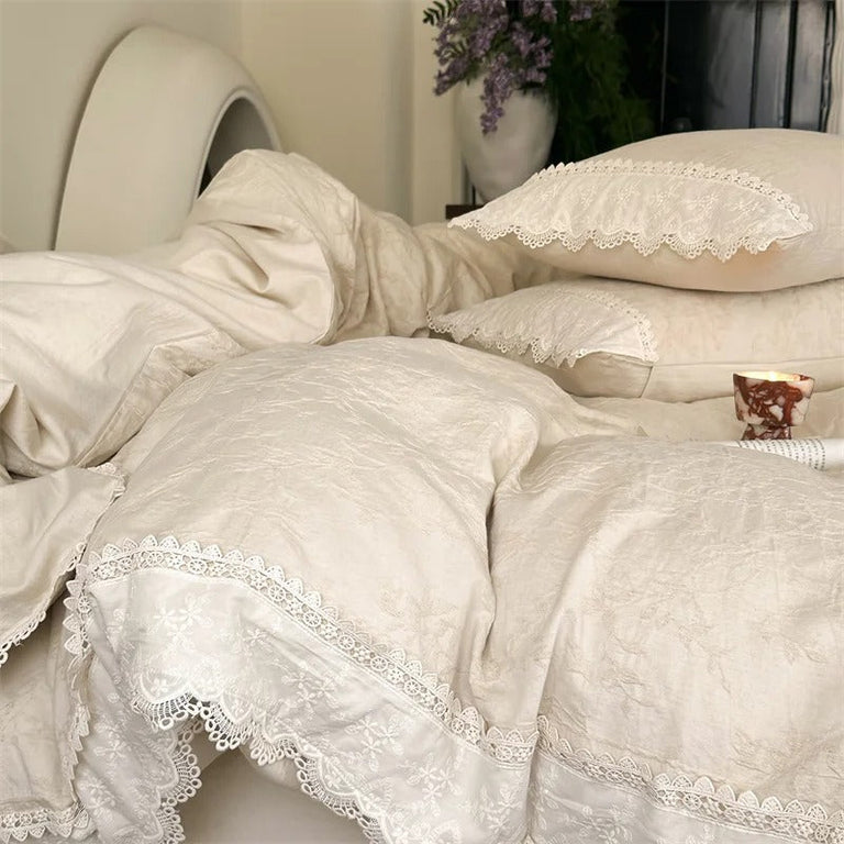Classic Beige Satin Bedding Set with Beautiful Lace Trim - 600TC