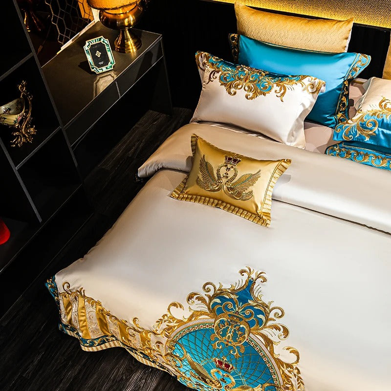 Royal Blue & Gold Bedding Set with Modern Embroidered - 1000TC