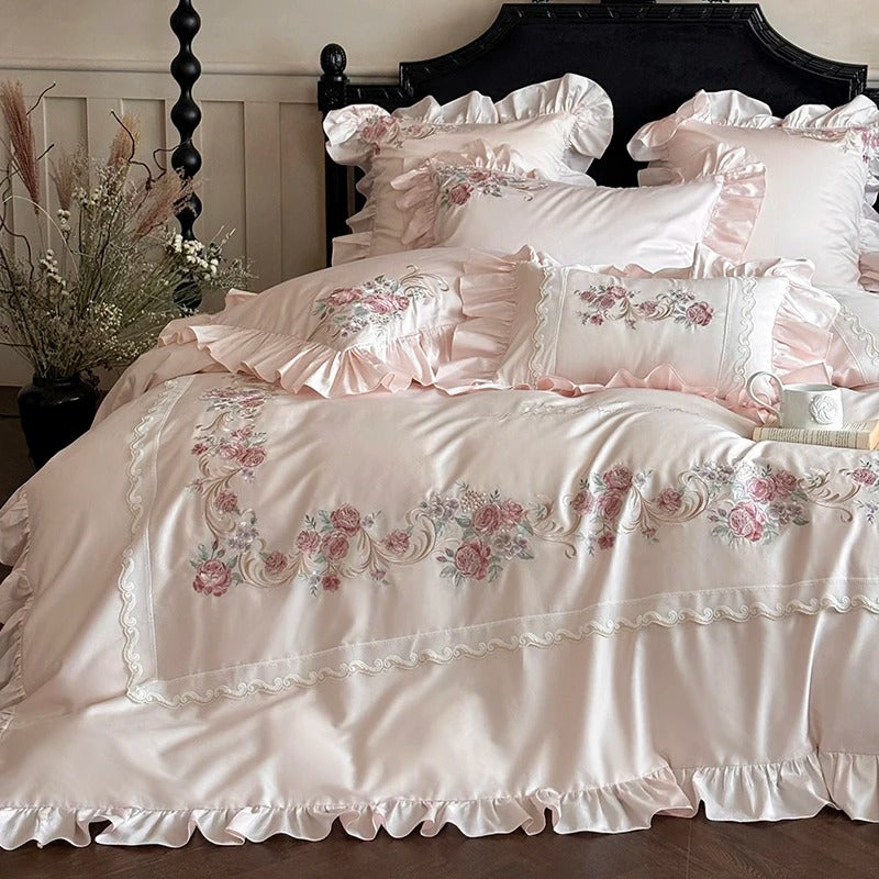 Rose Embroidery Lace Egyptian Cotton Bedding Set with Duvet Cover - 1000TC