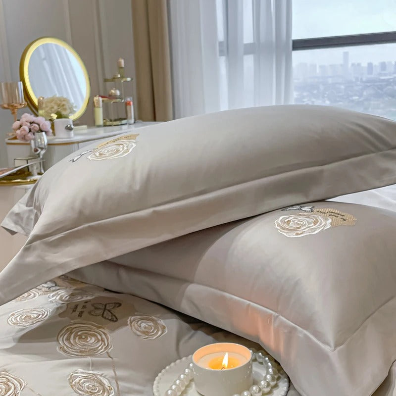Elegant Rose and Butterfly  Embroidered Bedding Set with Duvet Cover - 600TC