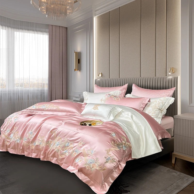Soft Pink Satin Embroidered Flowers Bedding Set with Duvet Cover - 1500TC