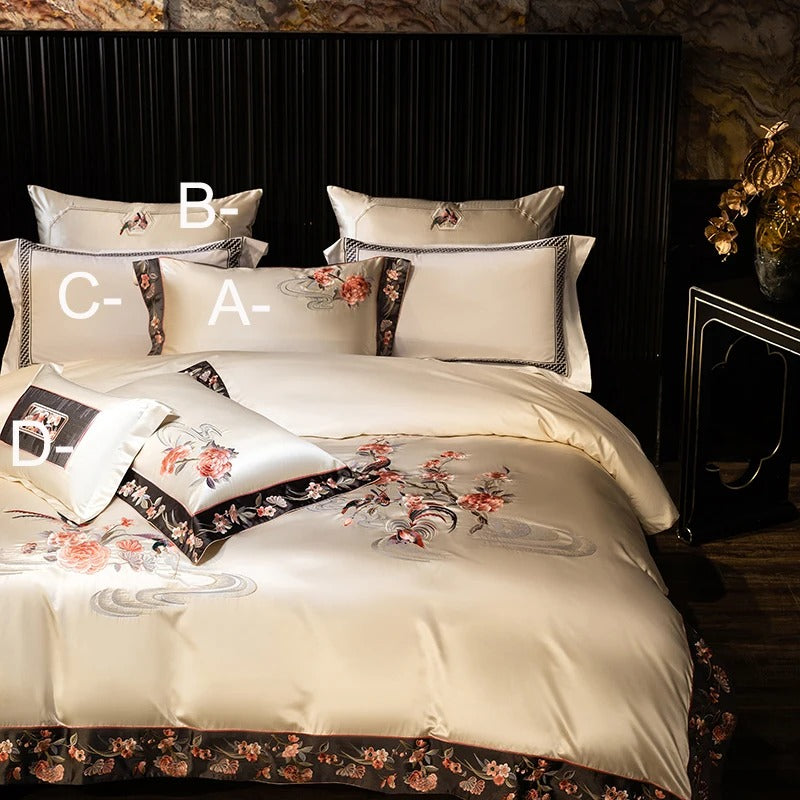 Premium Satin Flower & Bird Embroidered Bedding Set - 1000TC