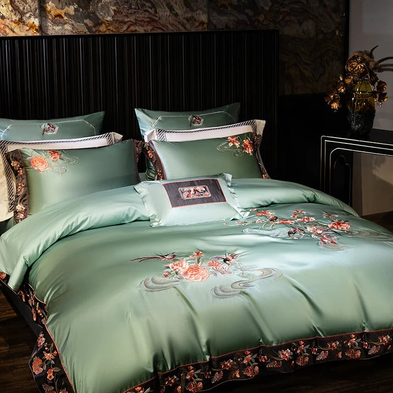 Elegant Green Floral Satin Embroidery Bedding Set - 1000TC