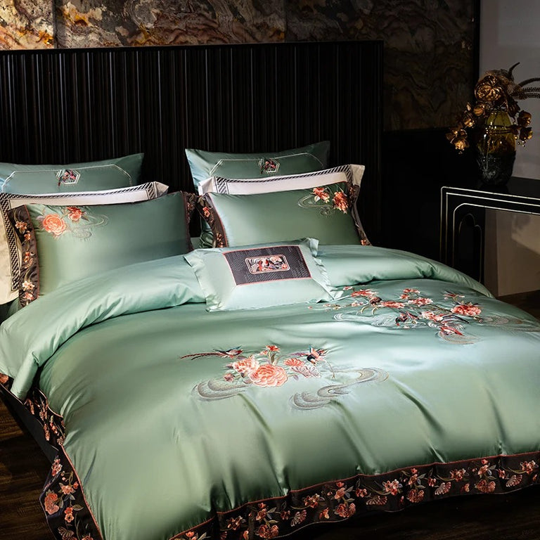 Elegant Green Floral Satin Embroidery Bedding Set - 1000TC