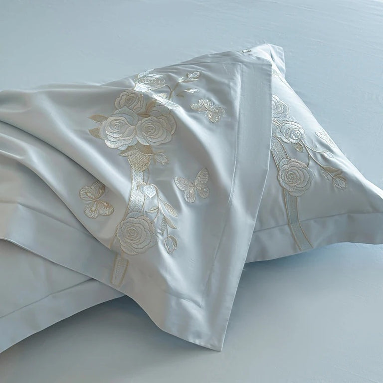Luxury Blue Satin Bedding Set with Silver Floral Embroidery - 600TC