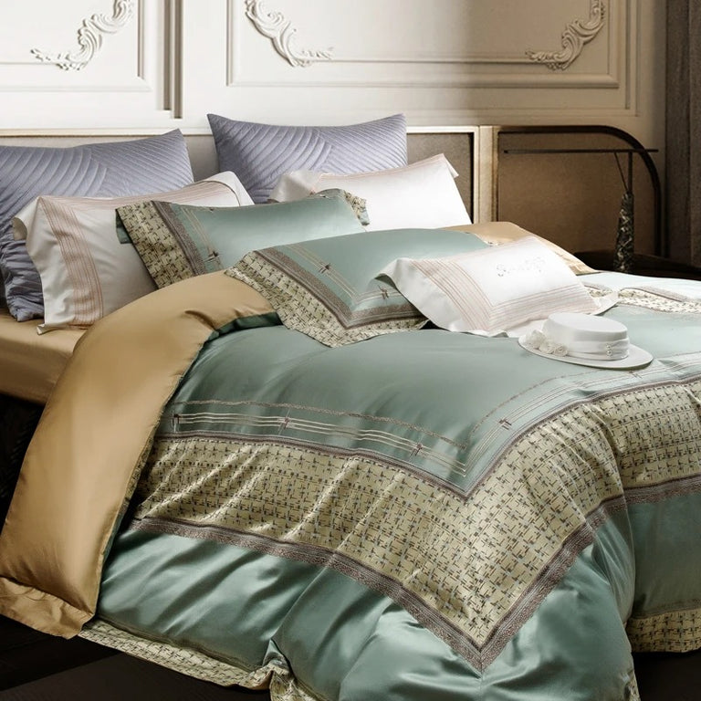 Romantic Mint Green Satin Egyptian Cotton Bedding with Duvet Cover - 1500TC